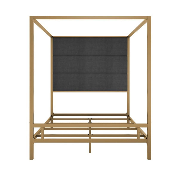 English Elm Modern Gold Canopy Queen Bed Tall Linen Upholstered Headboard Four Poster Frame N701P383779G