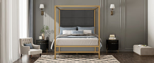English Elm Modern Gold Canopy Queen Bed Tall Linen Upholstered Headboard Four Poster Frame N701P383779G