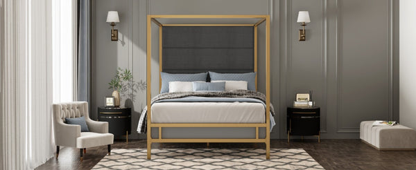 English Elm Modern Gold Canopy Queen Bed Tall Linen Upholstered Headboard Four Poster Frame N701P383779G