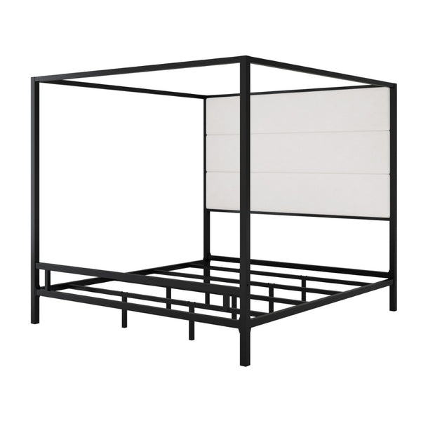 English Elm Modern Four Poster Canopy King Bed Velvet Upholstered Headboard Matte Black Metal Frame N701P383780B