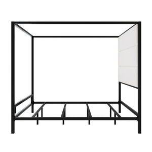 English Elm Modern Four Poster Canopy King Bed Velvet Upholstered Headboard Matte Black Metal Frame N701P383780B