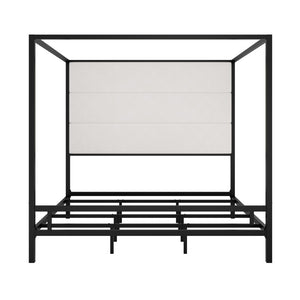 English Elm Modern Four Poster Canopy King Bed Velvet Upholstered Headboard Matte Black Metal Frame N701P383780B