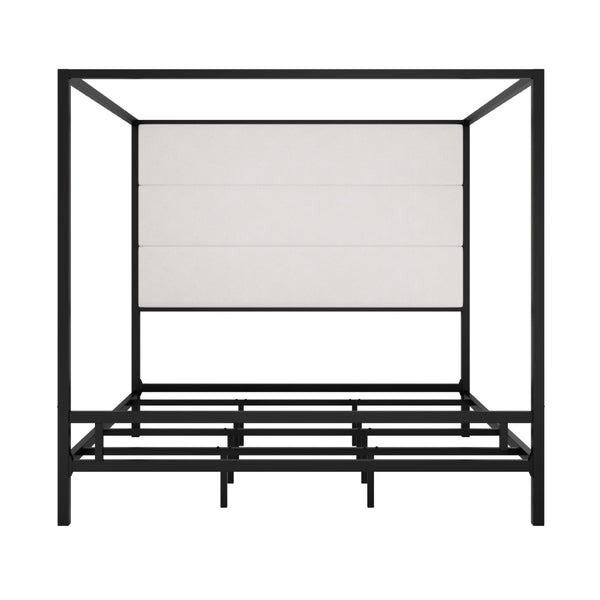 English Elm Modern Four Poster Canopy King Bed Velvet Upholstered Headboard Matte Black Metal Frame N701P383780B