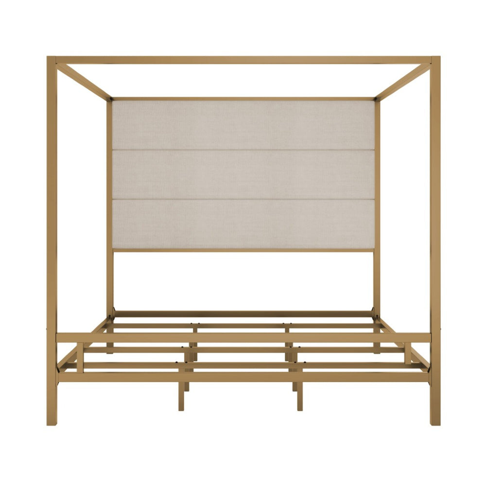 English Elm Modern Gold Four Poster Canopy King Bed Linen Upholstered Headboard Glam Bedroom N701P383780C