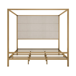 English Elm Modern Gold Four Poster Canopy King Bed Linen Upholstered Headboard Glam Bedroom N701P383780C