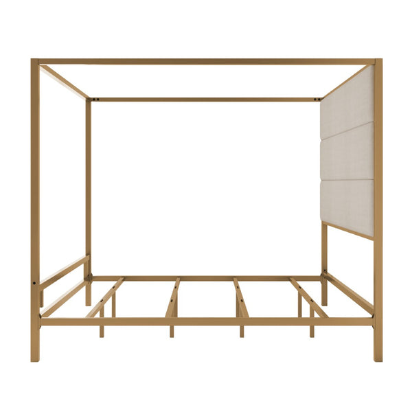 English Elm Modern Gold Four Poster Canopy King Bed Linen Upholstered Headboard Glam Bedroom N701P383780C