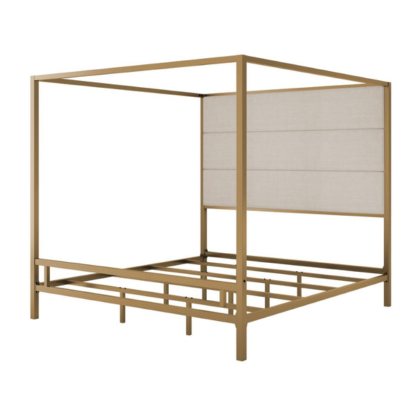 English Elm Modern Gold Four Poster Canopy King Bed Linen Upholstered Headboard Glam Bedroom N701P383780C