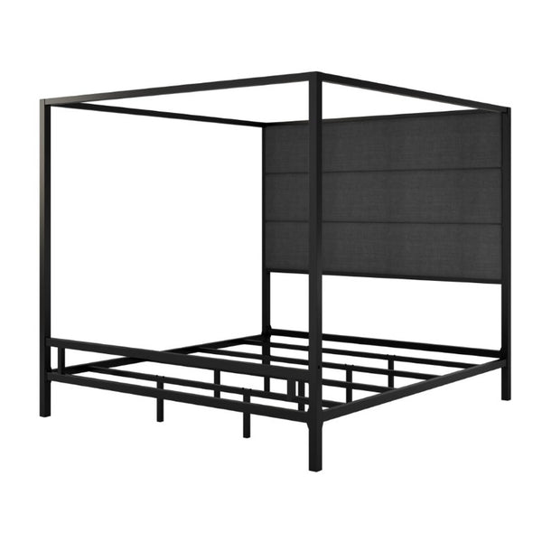 English Elm Modern Four Poster Canopy King Bed Linen Upholstered Headboard Matte Black Metal Frame N701P383780F