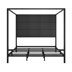 English Elm Modern Four Poster Canopy King Bed Linen Upholstered Headboard Matte Black Metal Frame N701P383780F