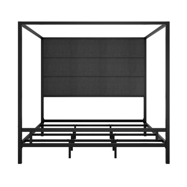 English Elm Modern Four Poster Canopy King Bed Linen Upholstered Headboard Matte Black Metal Frame N701P383780F