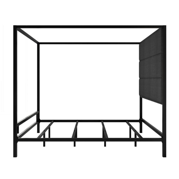 English Elm Modern Four Poster Canopy King Bed Linen Upholstered Headboard Matte Black Metal Frame N701P383780F