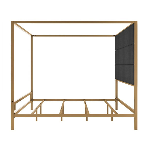 English Elm Modern Gold Metal Canopy King Bed Tall Linen Headboard Boutique Hotel Bedroom Style N701P383780G
