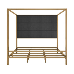 English Elm Modern Gold Metal Canopy King Bed Tall Linen Headboard Boutique Hotel Bedroom Style N701P383780G