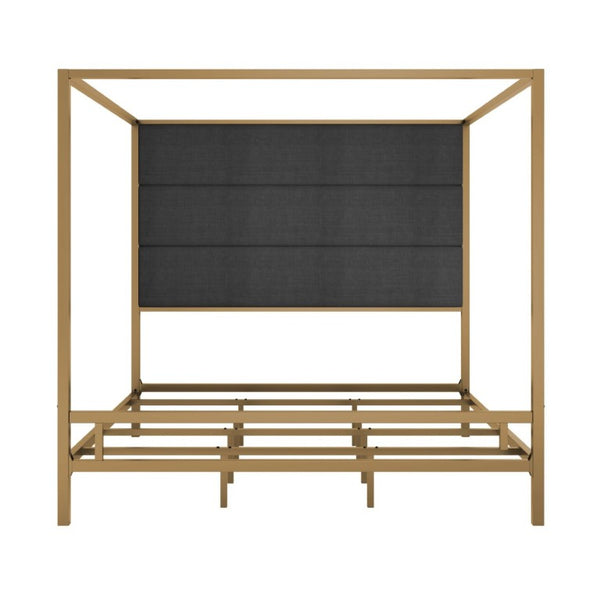 English Elm Modern Gold Metal Canopy King Bed Tall Linen Headboard Boutique Hotel Bedroom Style N701P383780G