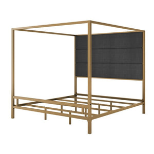 English Elm Modern Gold Metal Canopy King Bed Tall Linen Headboard Boutique Hotel Bedroom Style N701P383780G