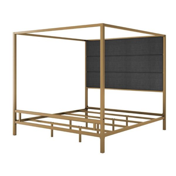 English Elm Modern Gold Metal Canopy King Bed Tall Linen Headboard Boutique Hotel Bedroom Style N701P383780G