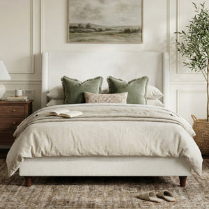 English Elm 52.7 Inch Wingback King Platform Bed Boucle Upholstered with Retro Rubberwood Legs White N701P408029K