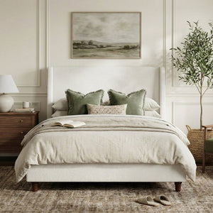 English Elm 52.7 Inch Wingback King Platform Bed Boucle Upholstered with Retro Rubberwood Legs White N701P408029K