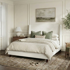 English Elm 52.7 Inch Wingback King Platform Bed Boucle Upholstered with Retro Rubberwood Legs White N701P408029K