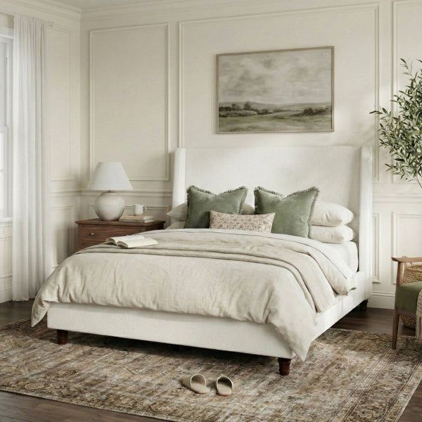 English Elm 52.7 Inch Wingback King Platform Bed Boucle Upholstered with Retro Rubberwood Legs White N701P408029K