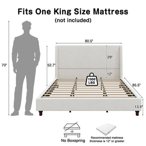 English Elm 52.7 Inch Wingback King Platform Bed Boucle Upholstered with Retro Rubberwood Legs White N701P408029K