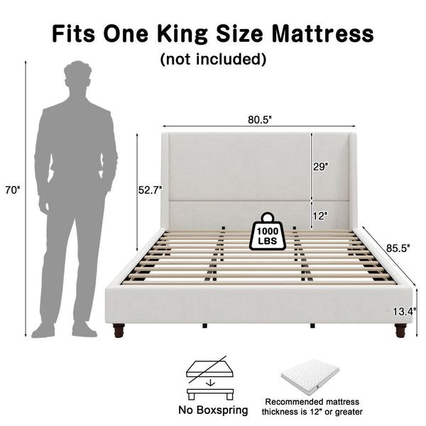 English Elm 52.7 Inch Wingback King Platform Bed Boucle Upholstered with Retro Rubberwood Legs White N701P408029K