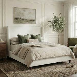 English Elm 52.7 Inch Wingback King Platform Bed Boucle Upholstered with Retro Rubberwood Legs White N701P408029K
