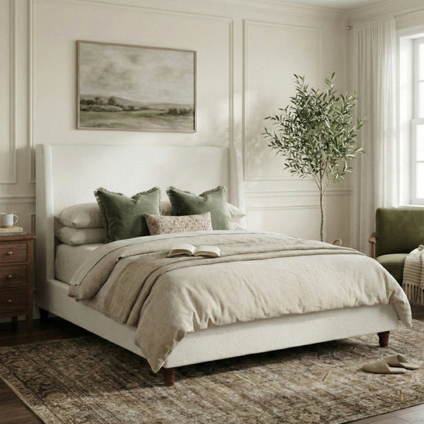 English Elm 52.7 Inch Wingback King Platform Bed Boucle Upholstered with Retro Rubberwood Legs White N701P408029K