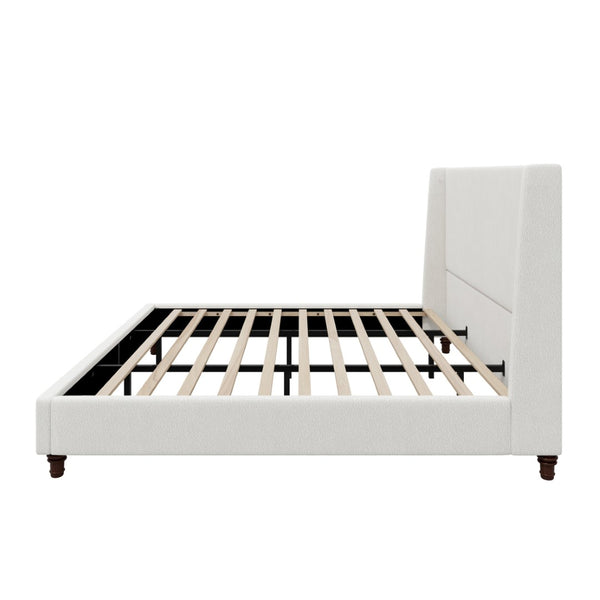 English Elm 52.7 Inch Wingback King Platform Bed Boucle Upholstered with Retro Rubberwood Legs White N701P408029K