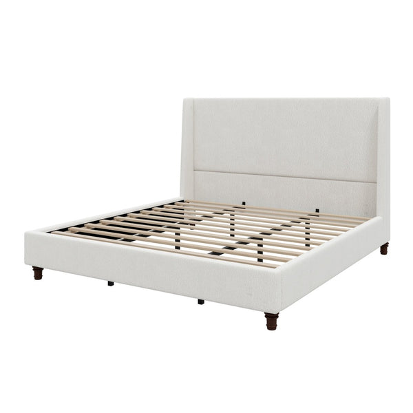 English Elm 52.7 Inch Wingback King Platform Bed Boucle Upholstered with Retro Rubberwood Legs White N701P408029K