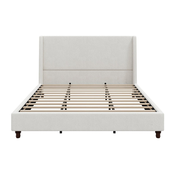 English Elm 52.7 Inch Wingback King Platform Bed Boucle Upholstered with Retro Rubberwood Legs White N701P408029K