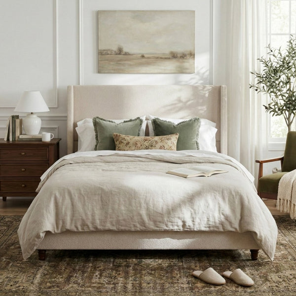 English Elm 52.7 Inch Wingback King Platform Bed Boucle Upholstered with Retro Rubberwood Legs Taupe N701P408029T