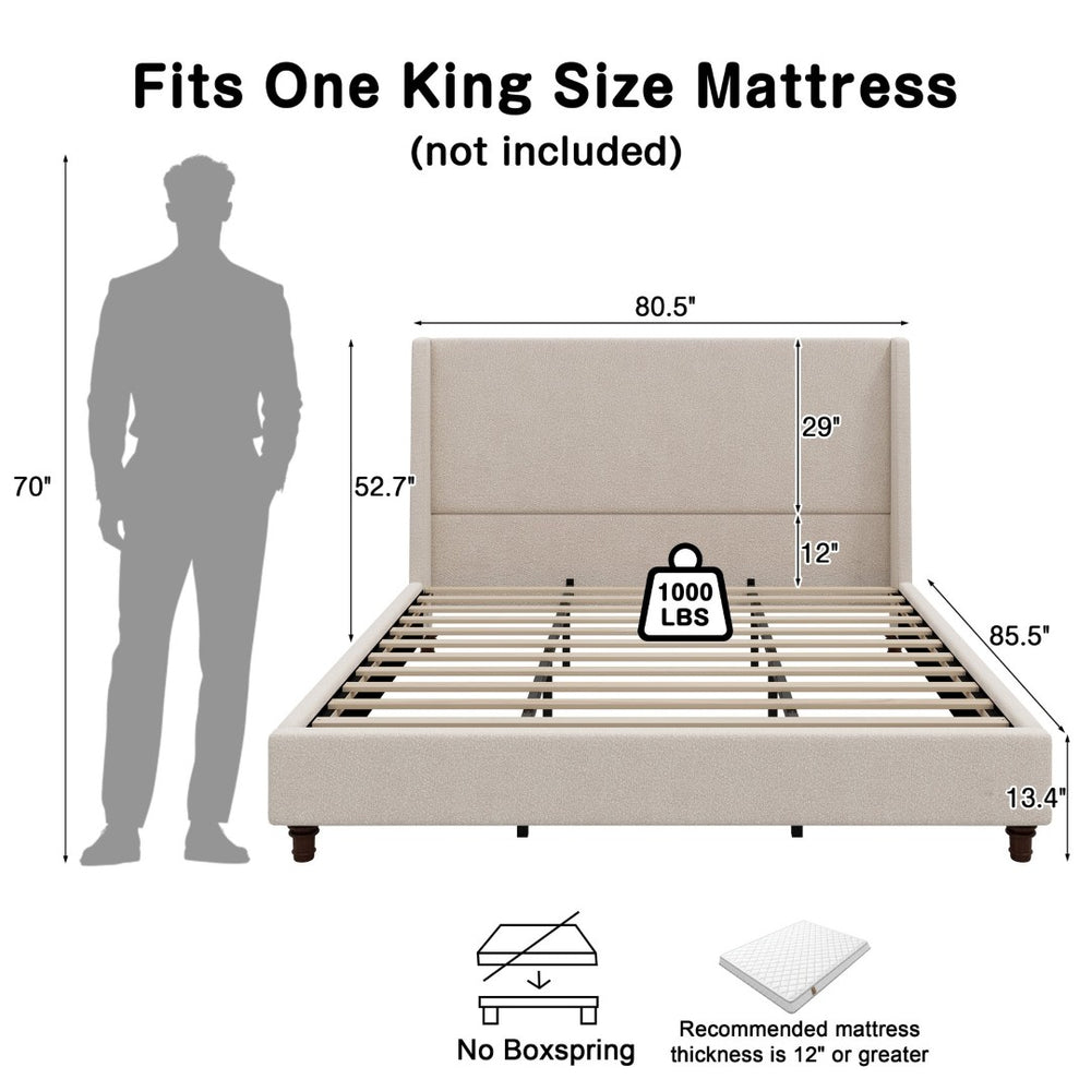 English Elm 52.7 Inch Wingback King Platform Bed Boucle Upholstered with Retro Rubberwood Legs Taupe N701P408029T