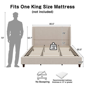 English Elm 52.7 Inch Wingback King Platform Bed Boucle Upholstered with Retro Rubberwood Legs Taupe N701P408029T