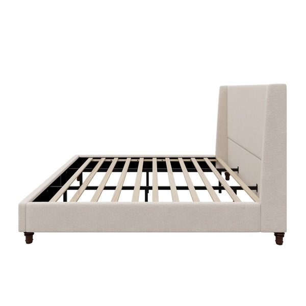 English Elm 52.7 Inch Wingback King Platform Bed Boucle Upholstered with Retro Rubberwood Legs Taupe N701P408029T