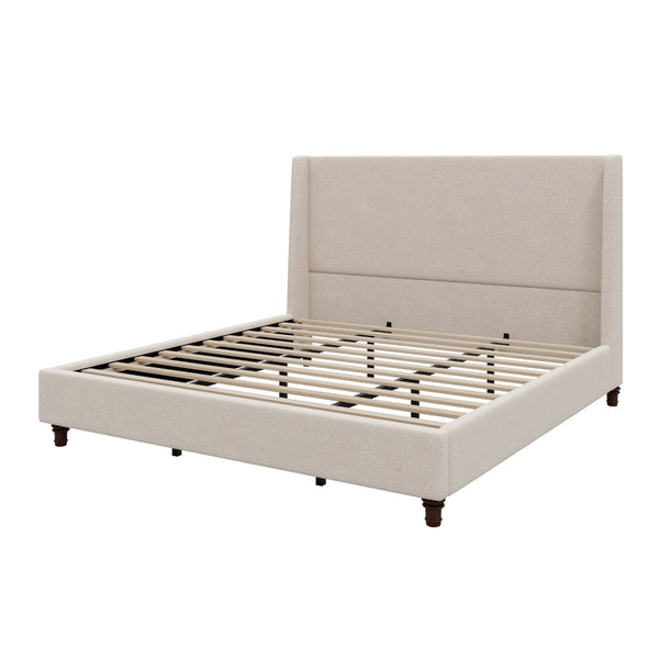 English Elm 52.7 Inch Wingback King Platform Bed Boucle Upholstered with Retro Rubberwood Legs Taupe N701P408029T