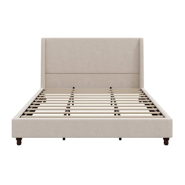 English Elm 52.7 Inch Wingback King Platform Bed Boucle Upholstered with Retro Rubberwood Legs Taupe N701P408029T