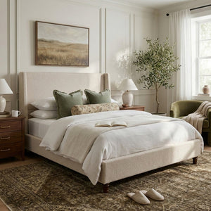 English Elm 52.7 Inch Wingback King Platform Bed Boucle Upholstered with Retro Rubberwood Legs Taupe N701P408029T