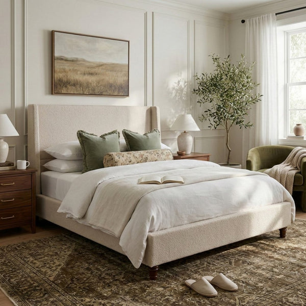 English Elm 52.7 Inch Wingback King Platform Bed Boucle Upholstered with Retro Rubberwood Legs Taupe N701P408029T