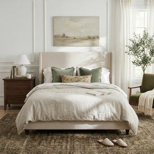 English Elm 52.7 Inch Wingback King Platform Bed Boucle Upholstered with Retro Rubberwood Legs Taupe N701P408029T