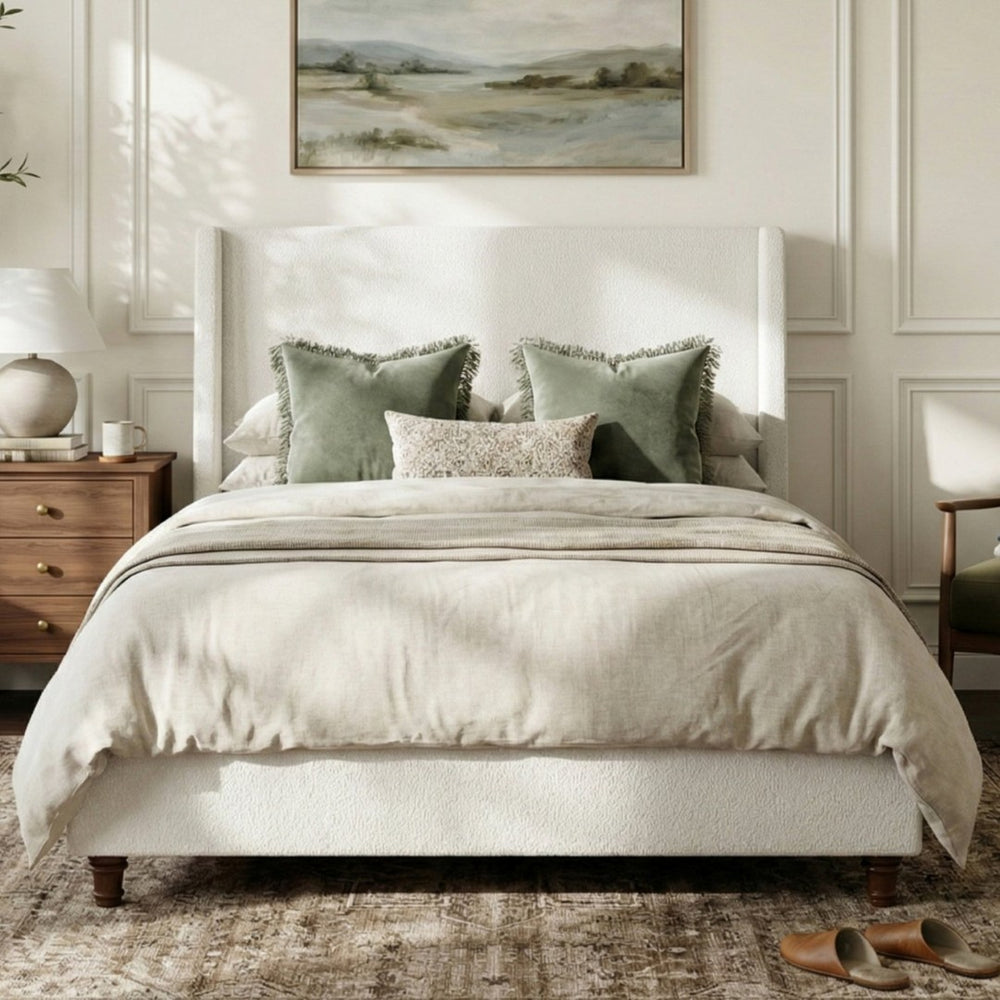 English Elm 52.7 Inch Wingback Queen Platform Bed Boucle Upholstered with Retro Wood Legs White N701P408031K
