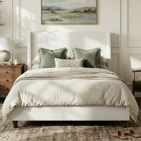 English Elm 52.7 Inch Wingback Queen Platform Bed Boucle Upholstered with Retro Wood Legs White N701P408031K