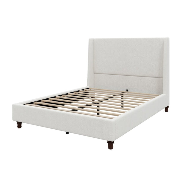 English Elm 52.7 Inch Wingback Queen Platform Bed Boucle Upholstered with Retro Wood Legs White N701P408031K
