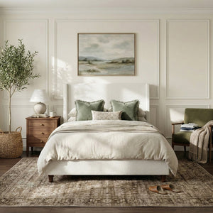 English Elm 52.7 Inch Wingback Queen Platform Bed Boucle Upholstered with Retro Wood Legs White N701P408031K