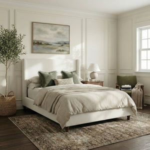 English Elm 52.7 Inch Wingback Queen Platform Bed Boucle Upholstered with Retro Wood Legs White N701P408031K