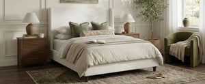 English Elm 52.7 Inch Wingback Queen Platform Bed Boucle Upholstered with Retro Wood Legs White N701P408031K