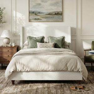 English Elm 52.7 Inch Wingback Queen Platform Bed Boucle Upholstered with Retro Wood Legs White N701P408031K