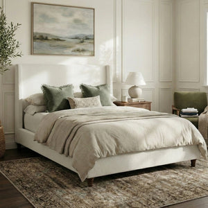 English Elm 52.7 Inch Wingback Queen Platform Bed Boucle Upholstered with Retro Wood Legs White N701P408031K