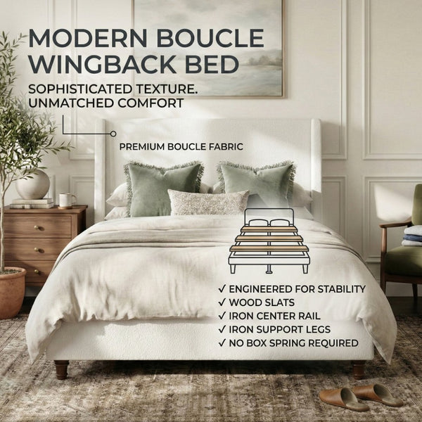 English Elm 52.7 Inch Wingback Queen Platform Bed Boucle Upholstered with Retro Wood Legs White N701P408031K