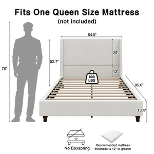 English Elm 52.7 Inch Wingback Queen Platform Bed Boucle Upholstered with Retro Wood Legs White N701P408031K